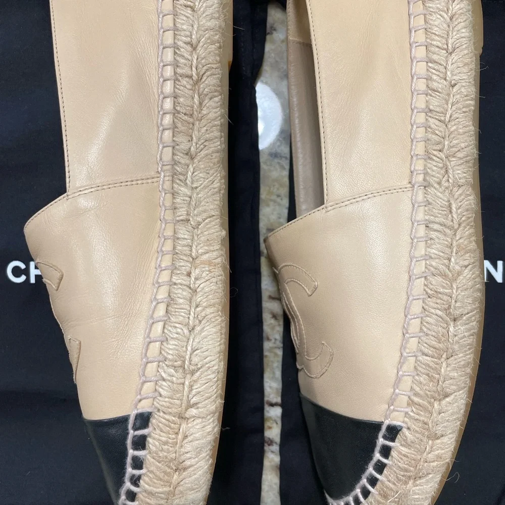 CHANEL Beige Leather Espadrilles with Black Cap Toe